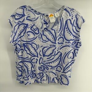 C&C California Linen Blue White Floral Capped Sleeve Blouse Button down back